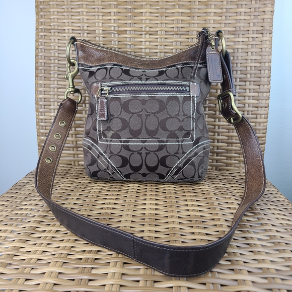 Coach Handbags - Coach 10402 Signature Jacquard Canvas Leather Brown Crossbody Shoulder Bag